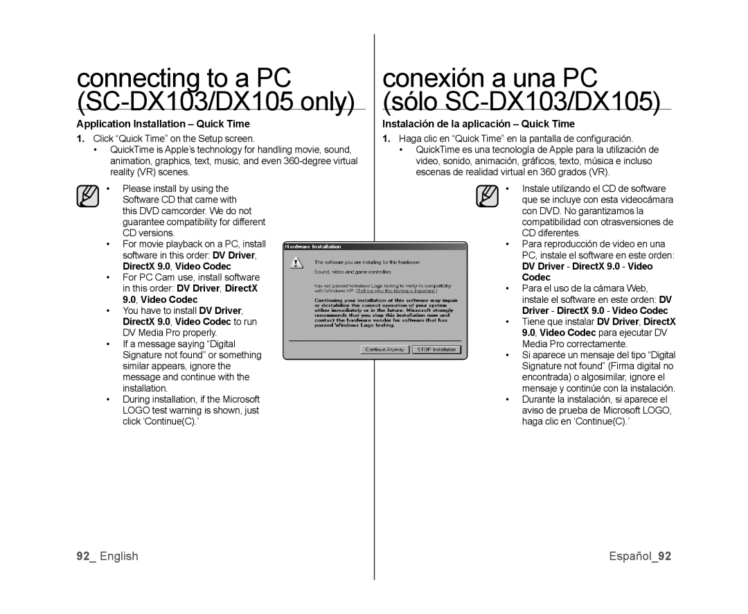 Samsung SC-DX105 Connecting to a PC SC-DX103/DX105 only, Conexión a una PC sólo SC-DX103/DX105, English Español92 