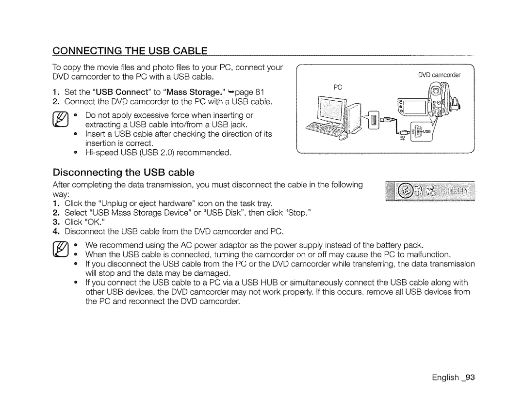 Samsung SC-DXIO3 manual Connecting USB Cable, Disconnecting the USB cable 