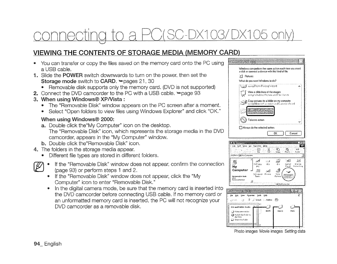 Samsung SC-DXIO3 manual Consect Na to a PG8o-s×l DX105 on y, Viewing the Contents of Storage Media Memory Card 