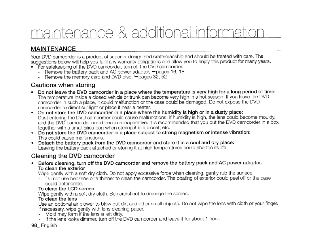 Samsung SC-DXIO3 manual Maintenance, Cleaning the DVD camcorder 