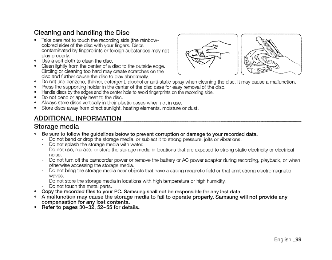 Samsung SC-DXIO3 manual Cleaning and handling the Disc, Additional Information, Storage media 