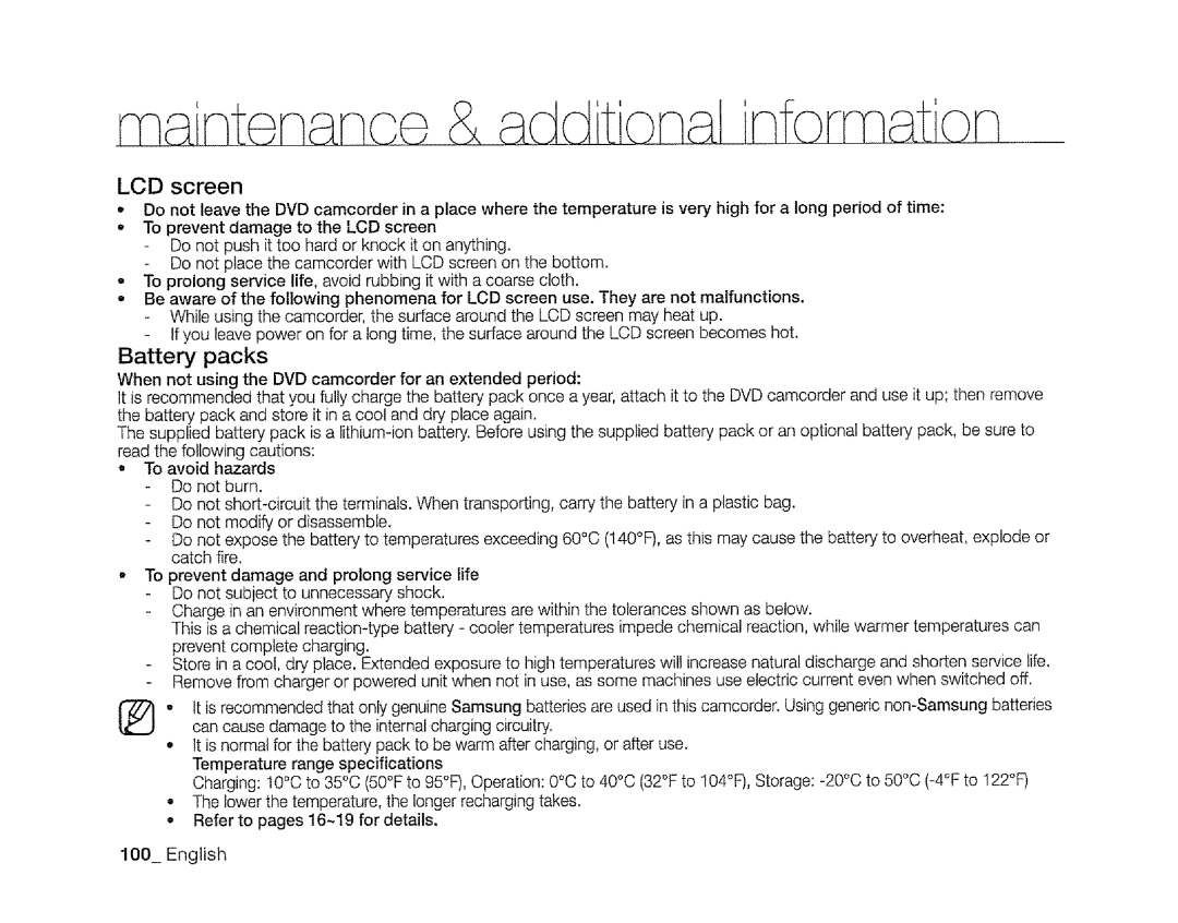 Samsung SC-DXIO3 manual LCD screen, Battery packs 