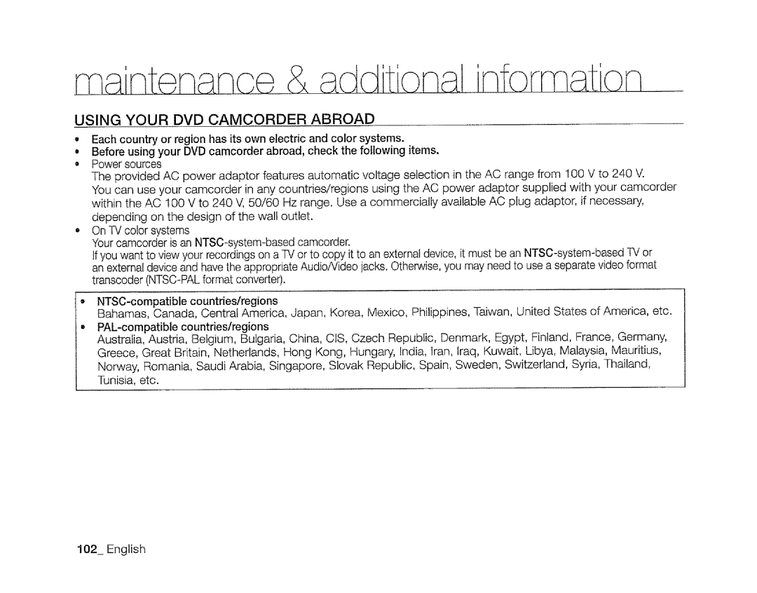 Samsung SC-DXIO3 manual Anten ce & additional information, Using Your DVD Camcorder Abroad 