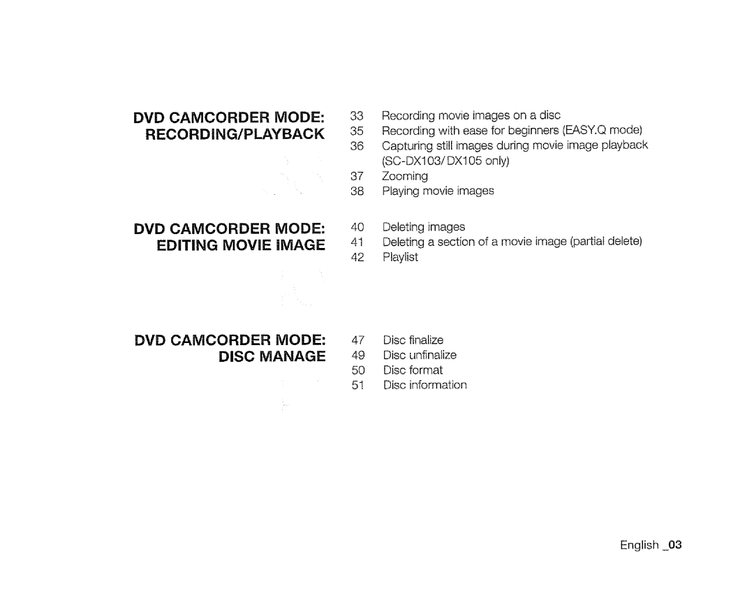 Samsung SC-DXIO3 manual RECORDING/PLAYBACK DVD Camcorder Mode Editing Movie Image 