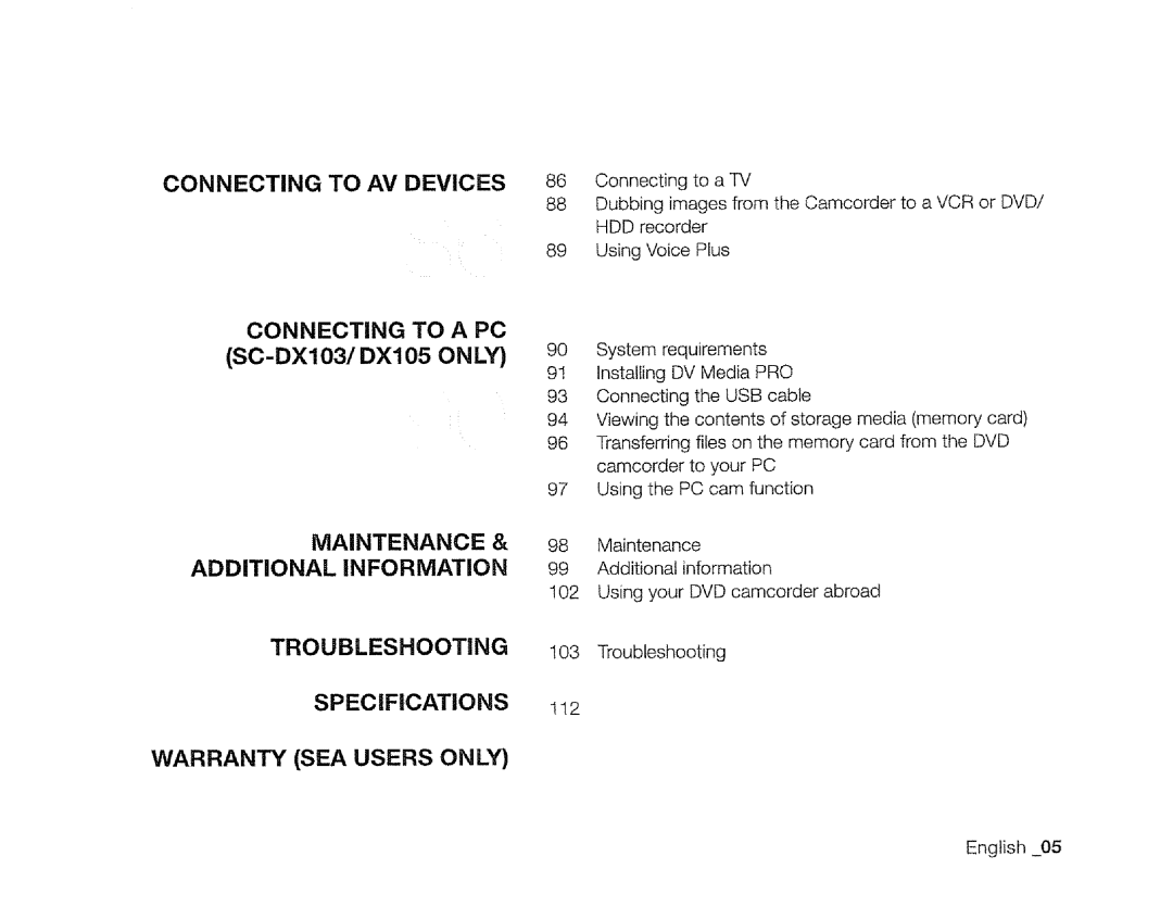 Samsung SC-DXIO3 manual Connecting to AV Devices, Connecting to a PC, SC-DXl03/DX105 only, Specifications, 112 