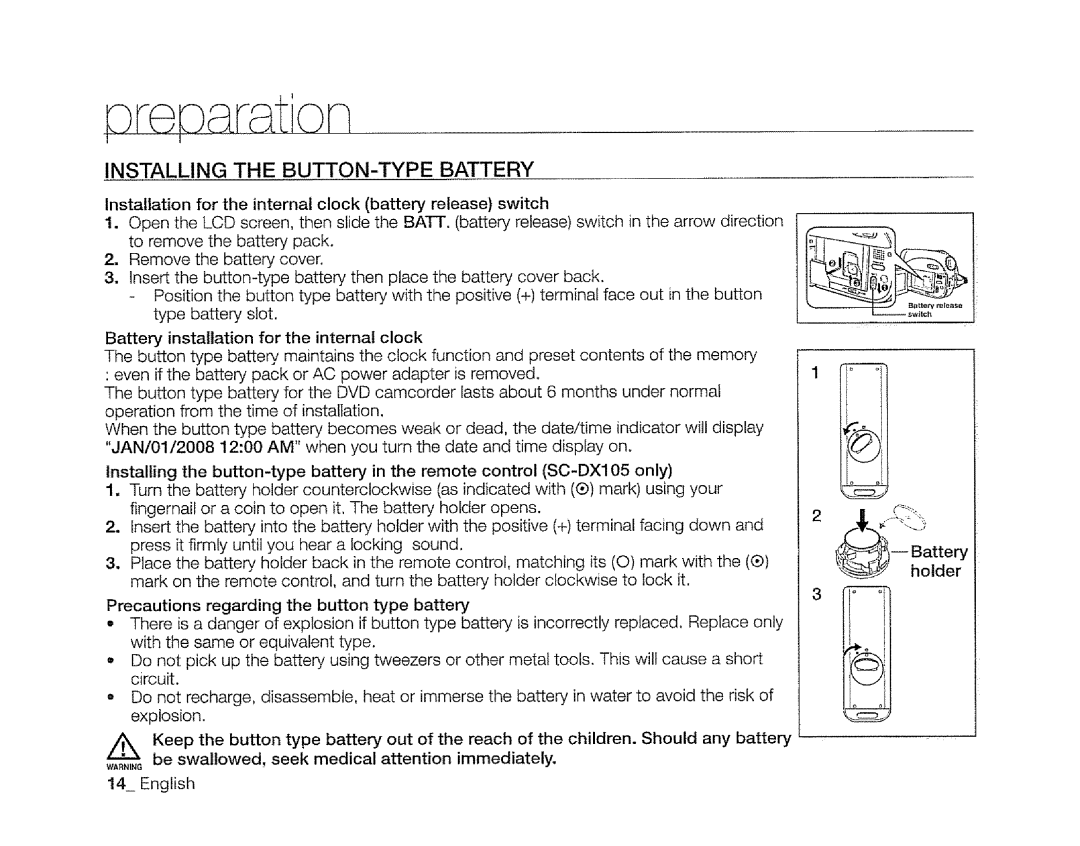 Samsung SC-DXIO3 manual Installing the BUTTON-TYPE Battery 