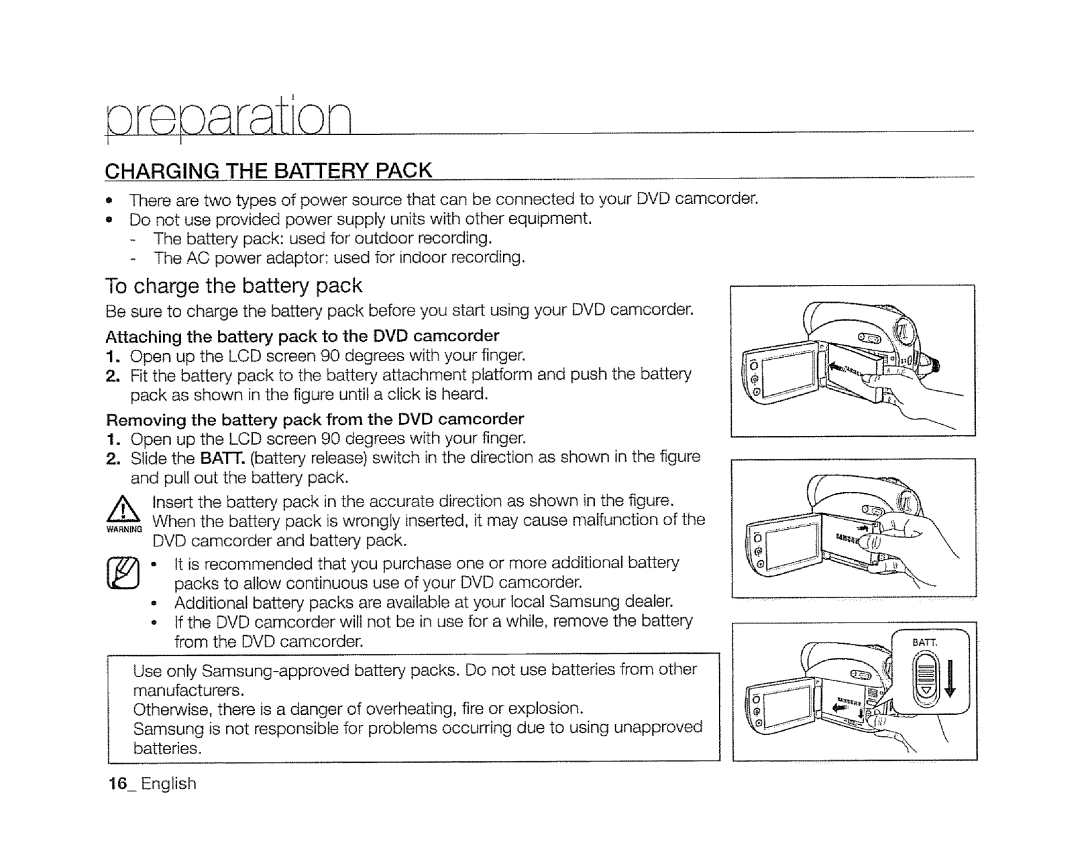 Samsung SC-DXIO3 manual Re r tion, Charging the Battery Pack, To charge the battery pack 