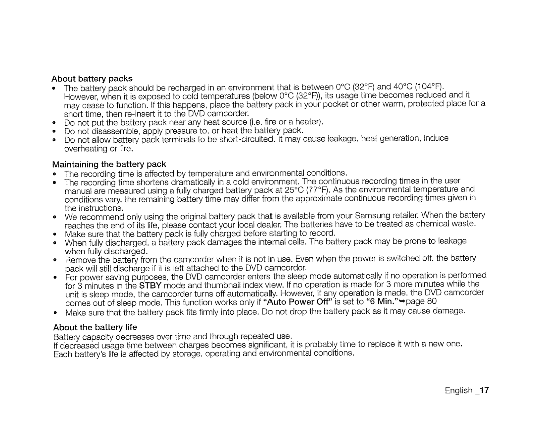 Samsung SC-DXIO3 manual About battery packs 