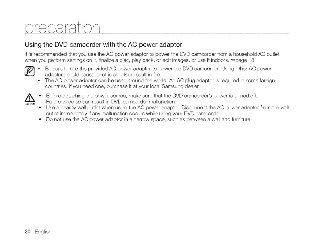 Samsung SC-DXIO3 manual Using the DVD camcorder with the AC power adaptor 