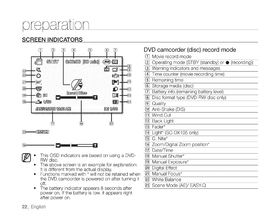 Samsung SC-DXIO3 manual DVD camcorder disc record mode, Screen Indicators 