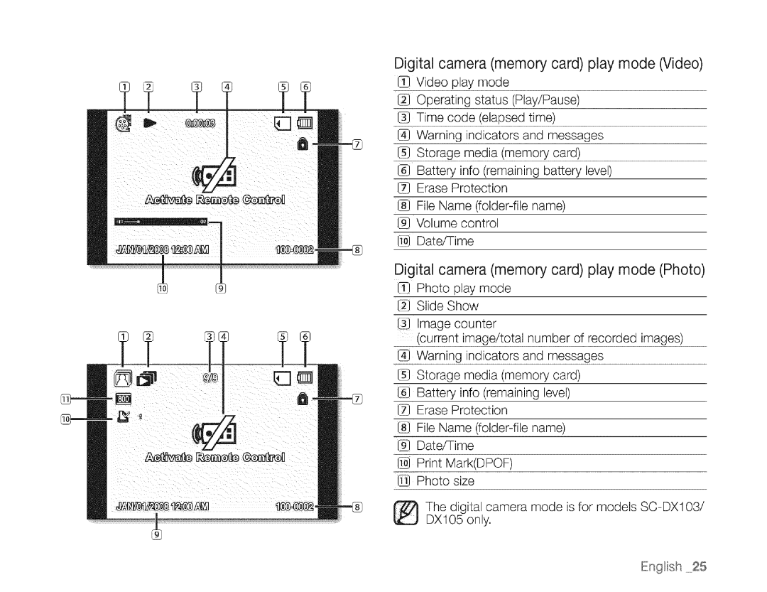 Samsung SC-DXIO3 manual Digital camera memory card play mode Video, Digital camera memory card play mode Photo 