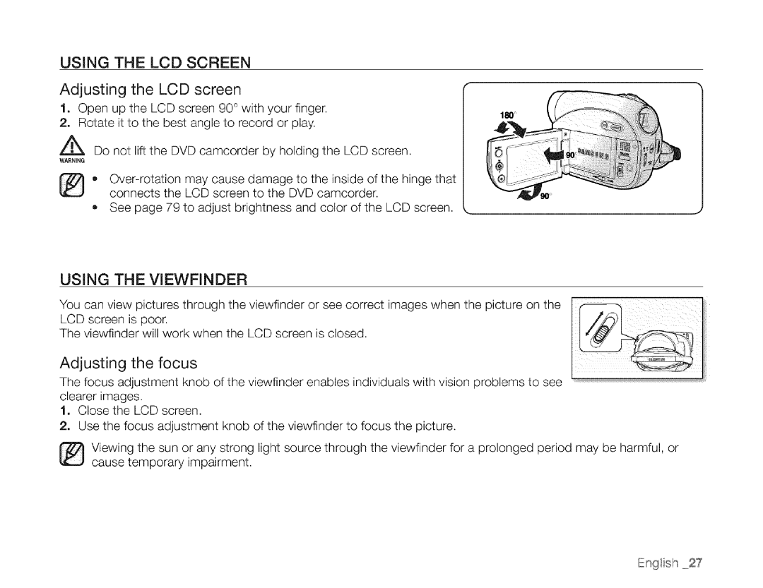 Samsung SC-DXIO3 manual Using the LCD Screen, Adjusting the LCD screen, Adjusting the focus 