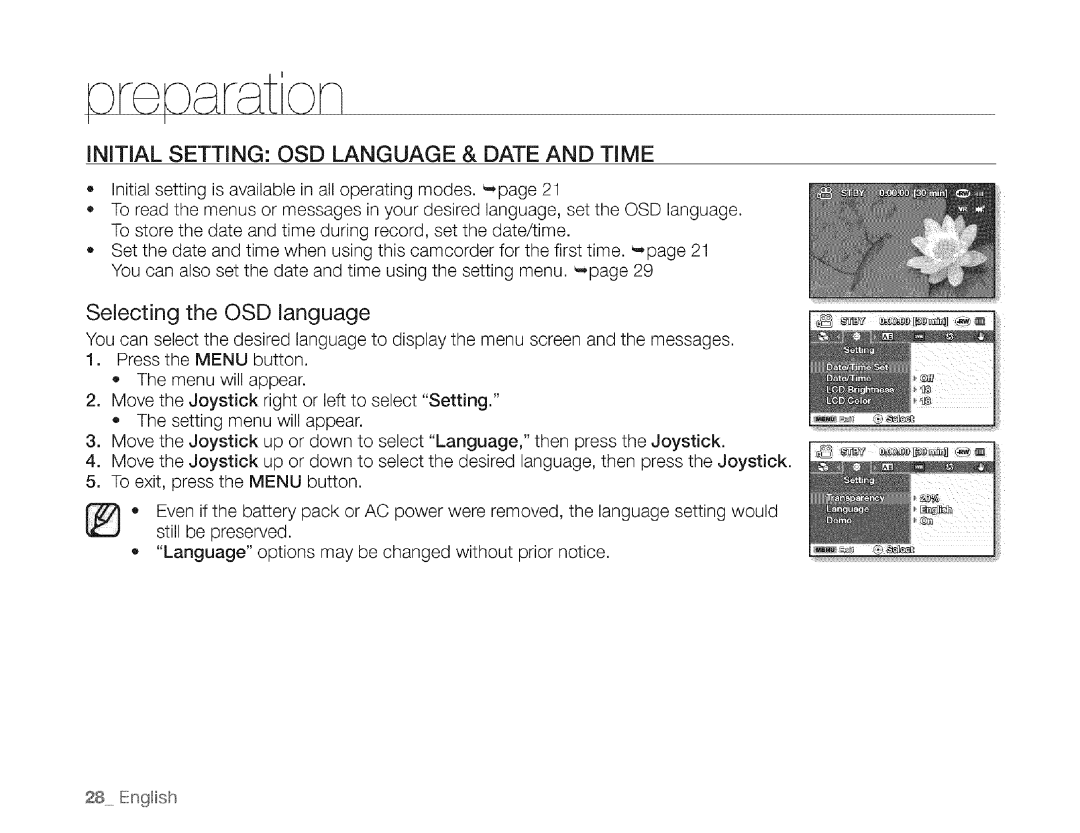 Samsung SC-DXIO3 manual Initial Setting OSD Language & Date and Time, Selecting the OSD language 