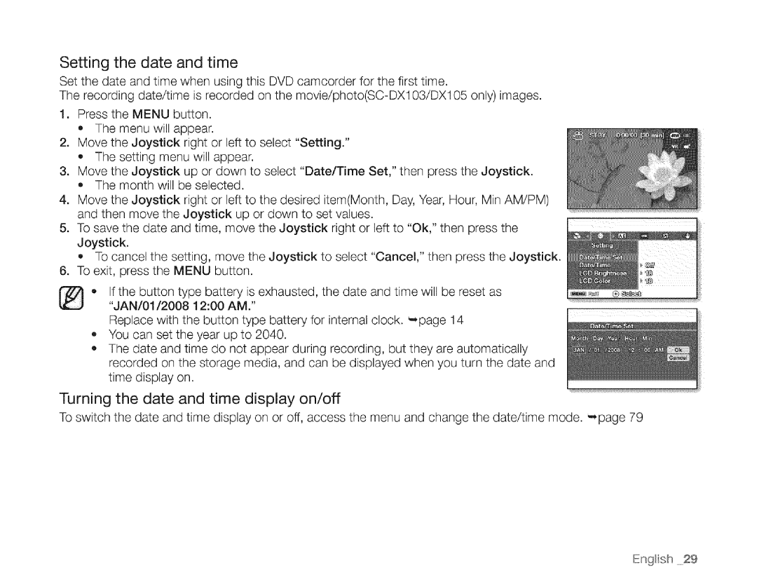 Samsung SC-DXIO3 manual Setting the date and time, Turning the date and time display on/off 