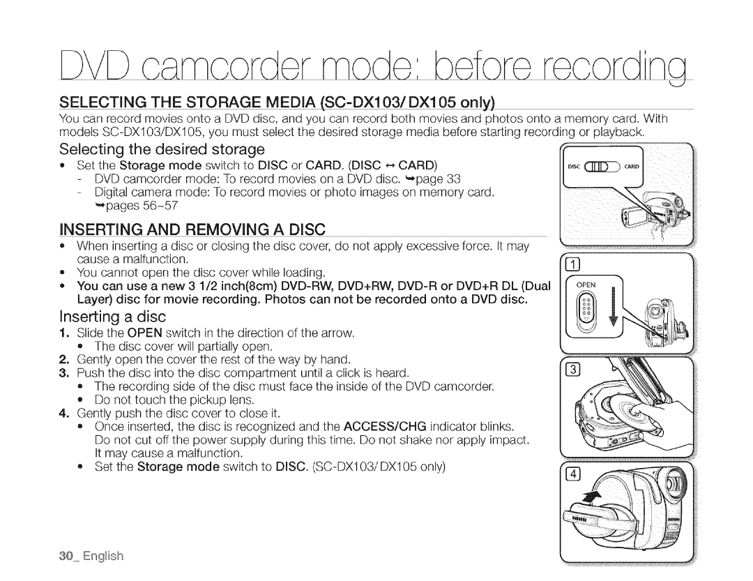 Samsung SC-DXIO3 manual Selecting the Storage Media SC-DX103/DX105 only, Selecting the desired storage 