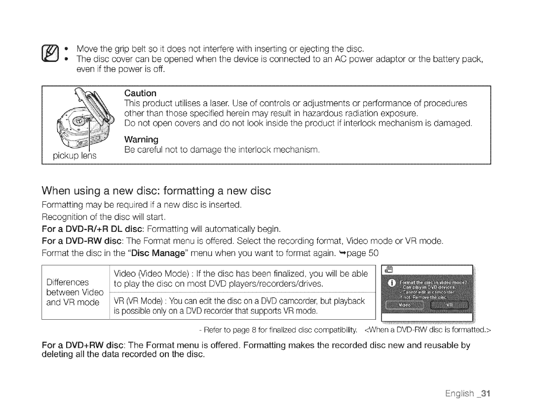 Samsung SC-DXIO3 manual When using a new disc formatting a new disc 