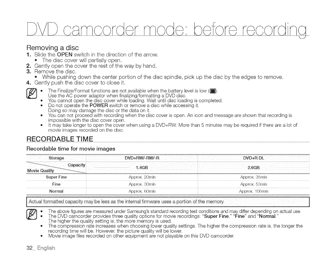 Samsung SC-DXIO3 manual Removing a disc, Recordable Time 