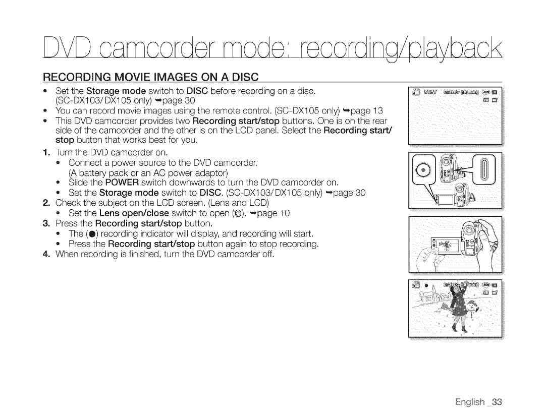 Samsung SC-DXIO3 manual Dvd, Recording Movie Images on a Disc 