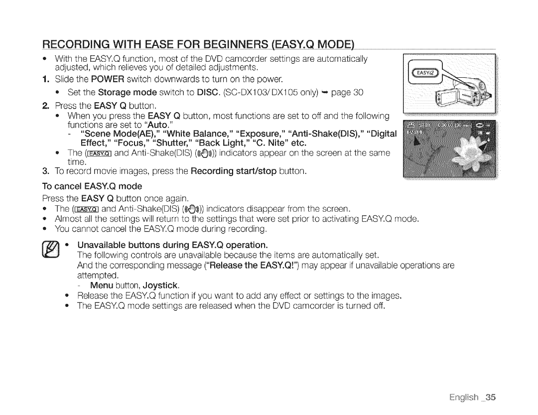 Samsung SC-DXIO3 manual Recording with Ease for Beginners EASY.Q Mode 