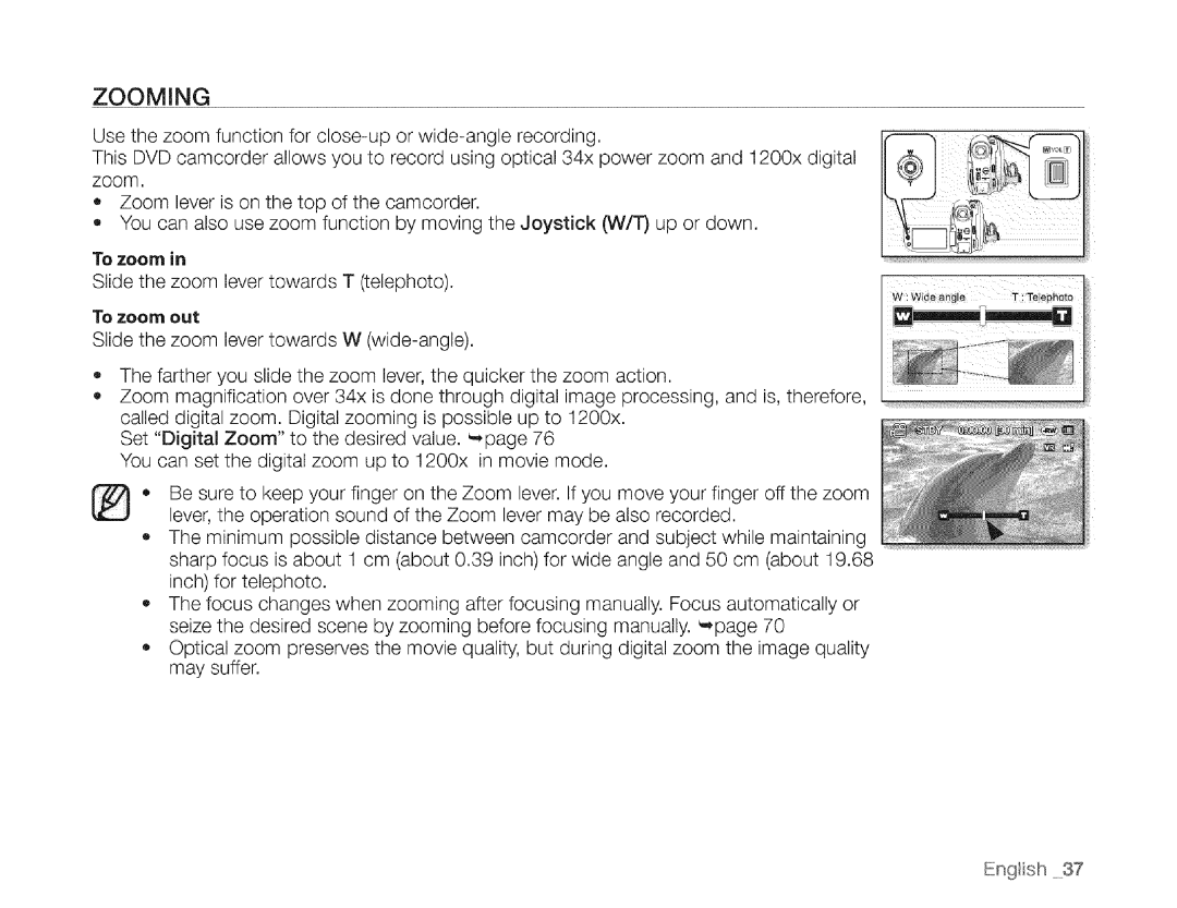 Samsung SC-DXIO3 manual Zooming 