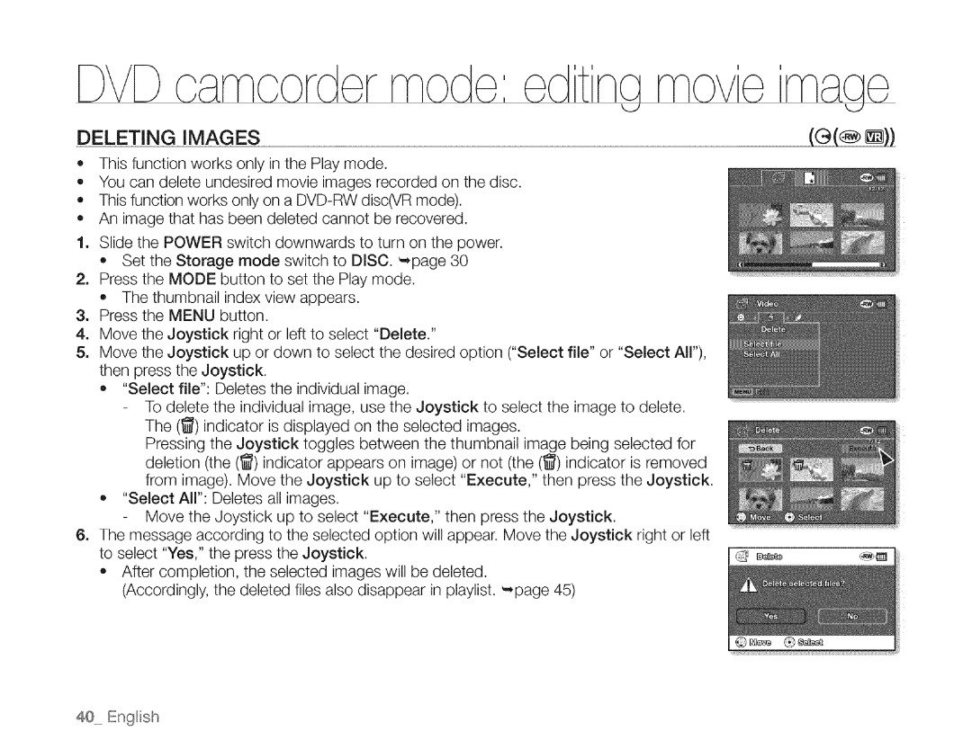 Samsung SC-DXIO3 manual Carncordermodeedt na rnove, Deleting Images 