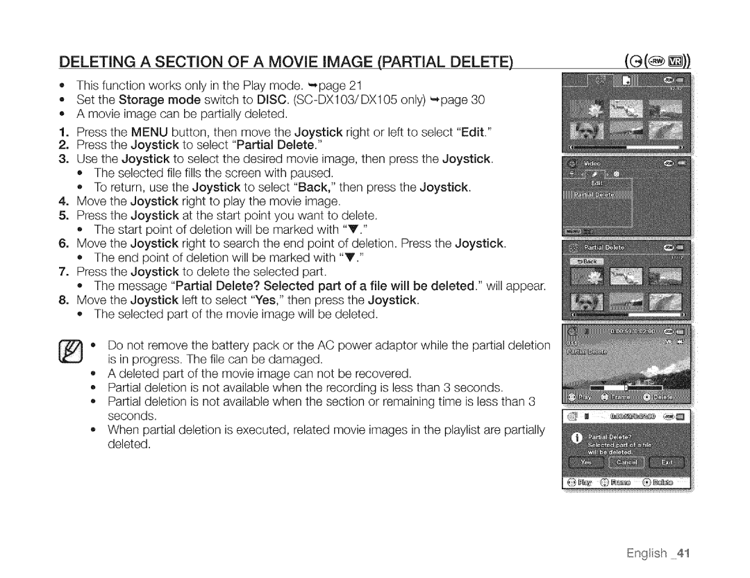 Samsung SC-DXIO3 manual Deleting a Section of a Movie Image Partial Delete 