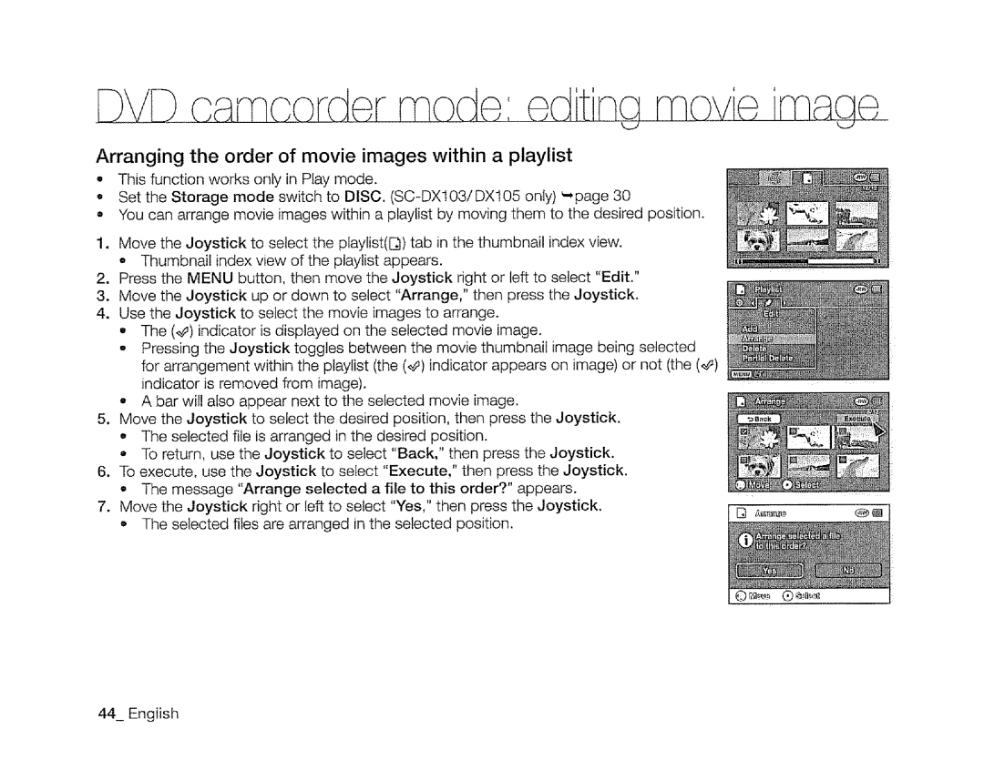 Samsung SC-DXIO3 manual Arranging the order of movie images within a playlist 