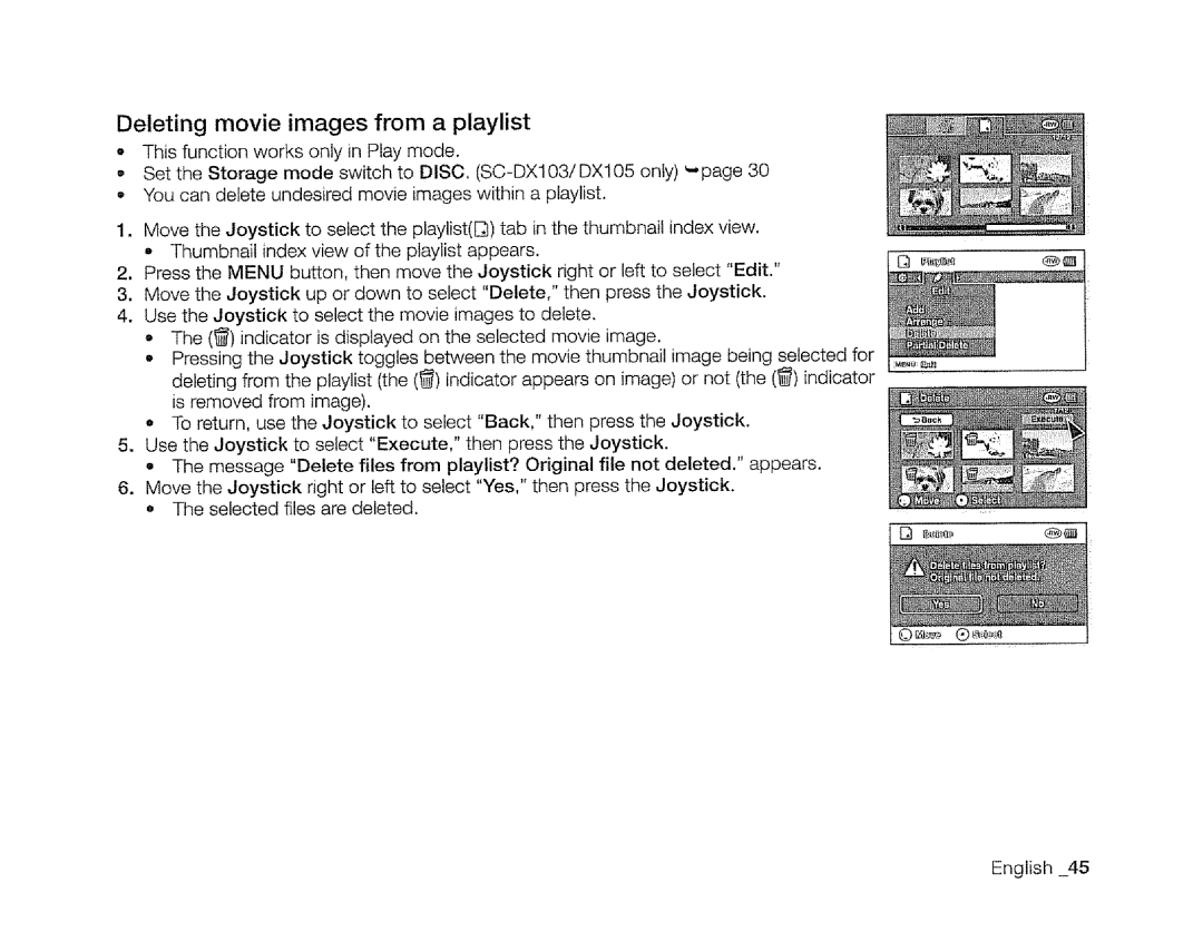 Samsung SC-DXIO3 manual Deleting movie images from a playlist 