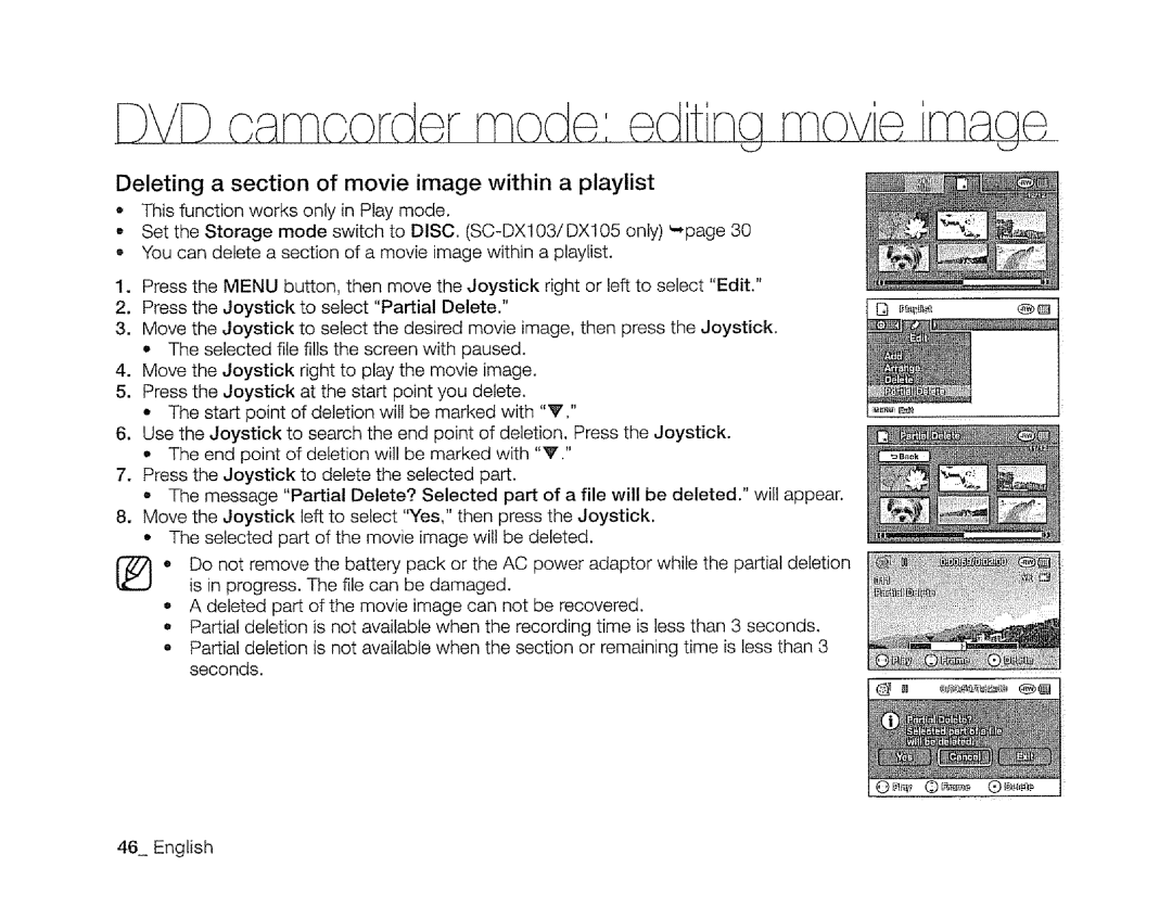 Samsung SC-DXIO3 manual £VD camcorder mode ed tisa mo£e maae, Deleting a section of movie image within a playlist 