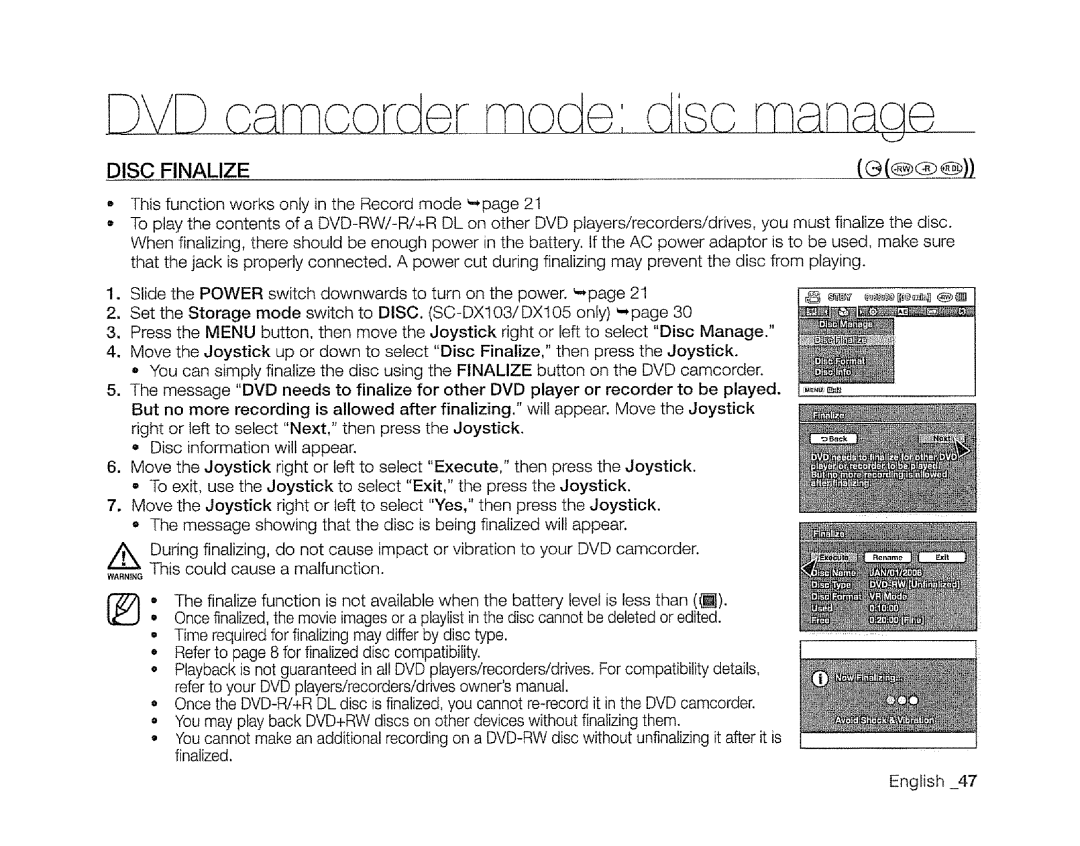 Samsung SC-DXIO3 manual DVD a rnaorder mode dlsat, Disc Finalize 