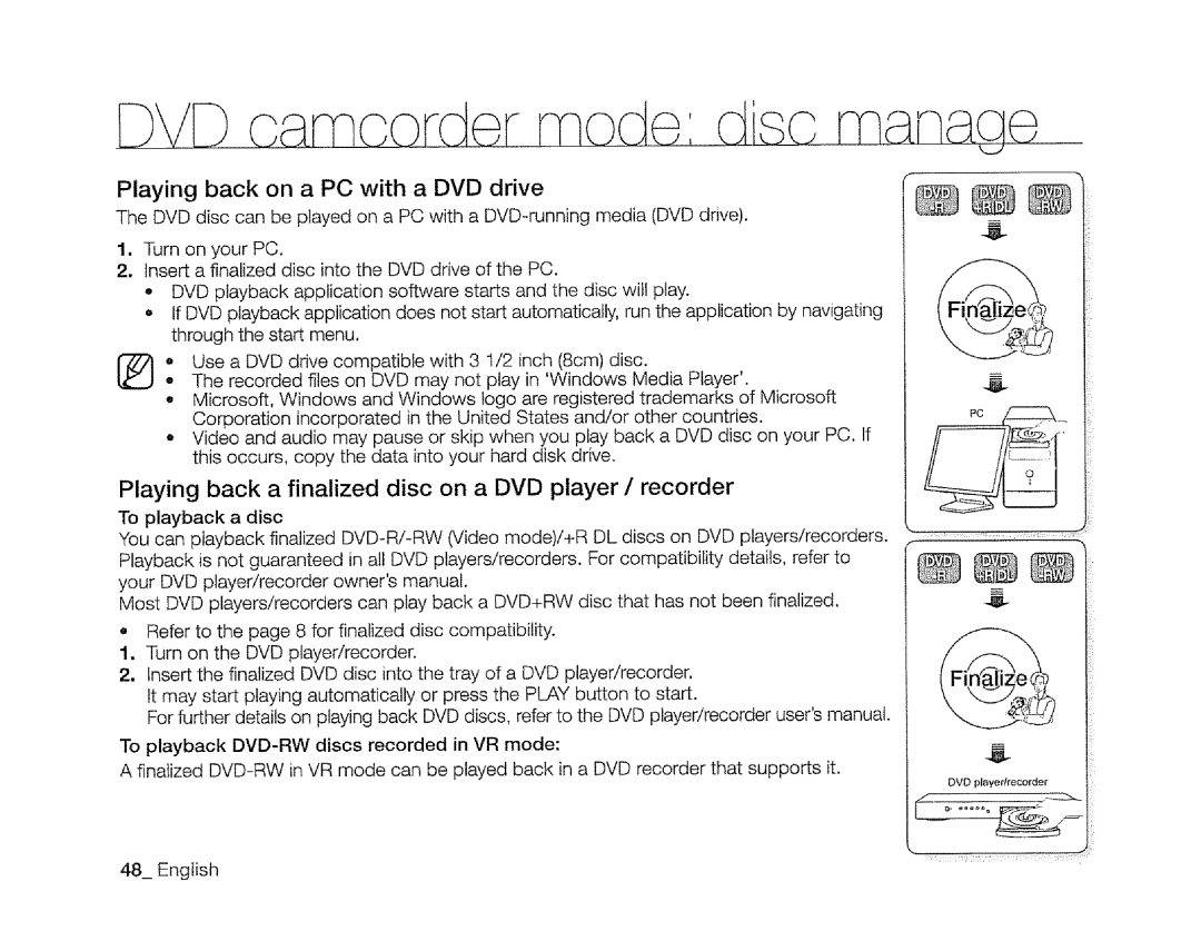 Samsung SC-DXIO3 manual DVD ca corder mocl disc rnanag, Playing back on a PC with a DVD drive 