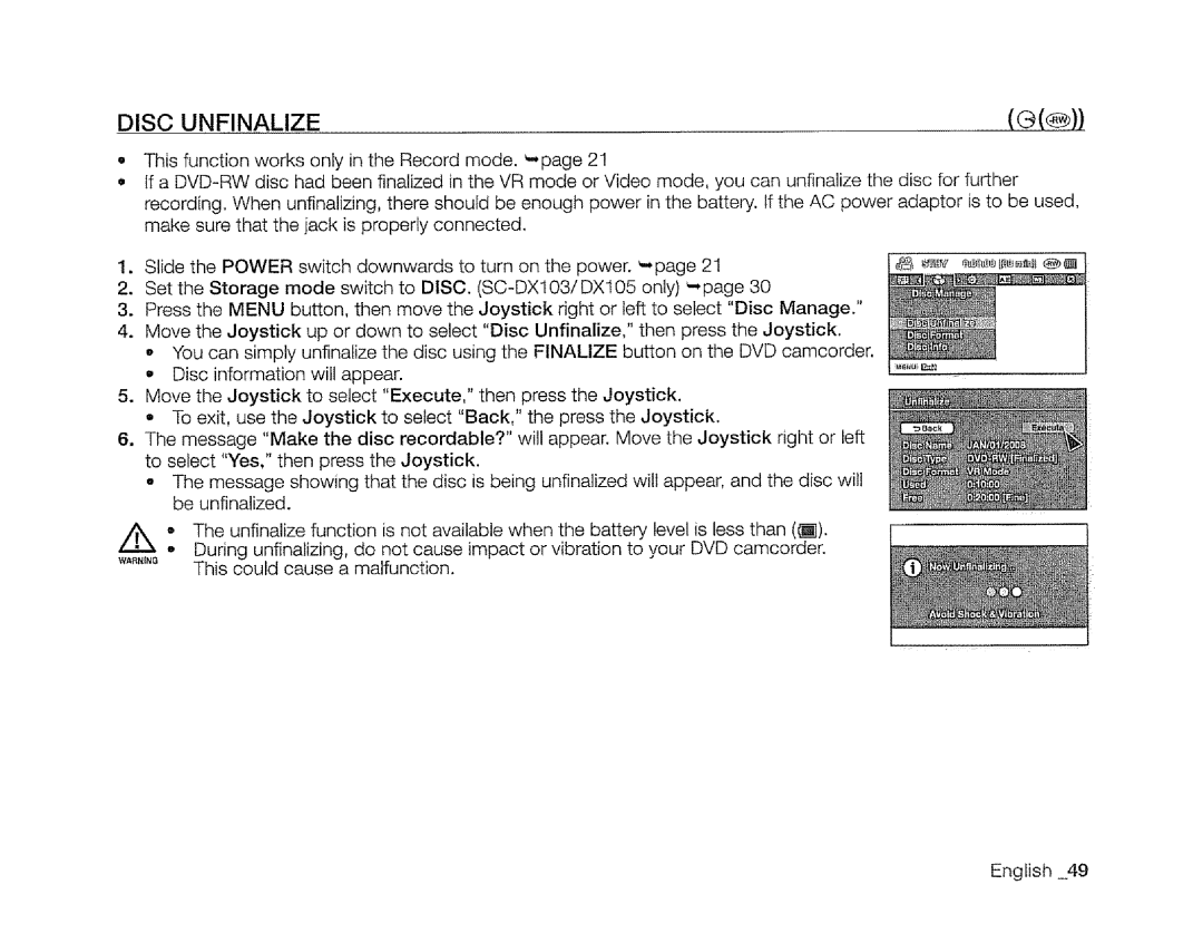 Samsung SC-DXIO3 manual Disc Unfinalize 