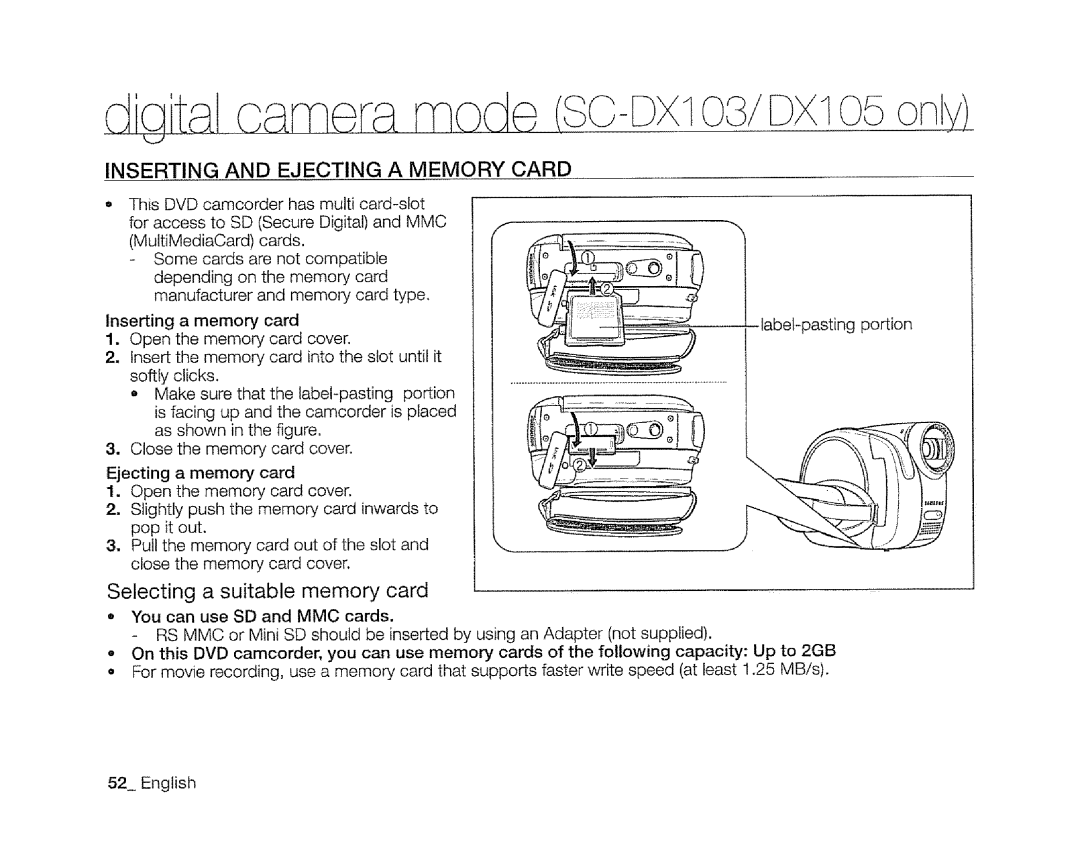 Samsung SC-DXIO3 manual Inserting and Ejecting a Memory Card, Selecting a suitable memory card 