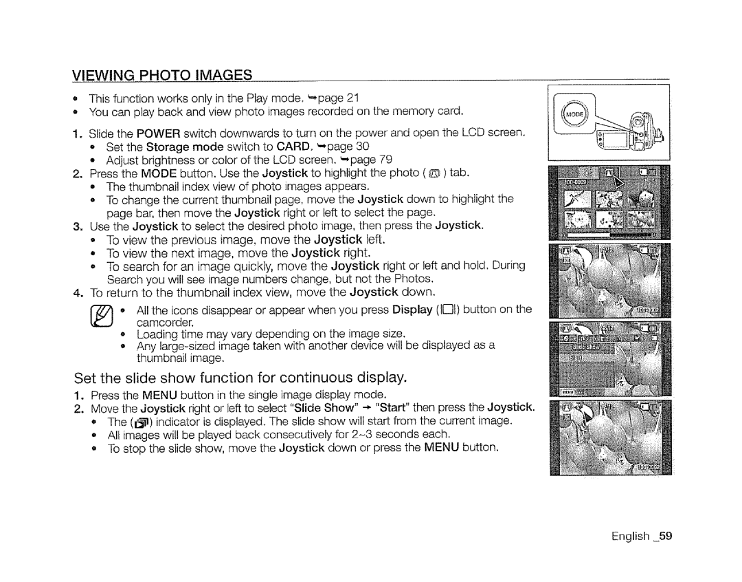 Samsung SC-DXIO3 manual Set the slide show function for continuous display, Viewing Photo Images 