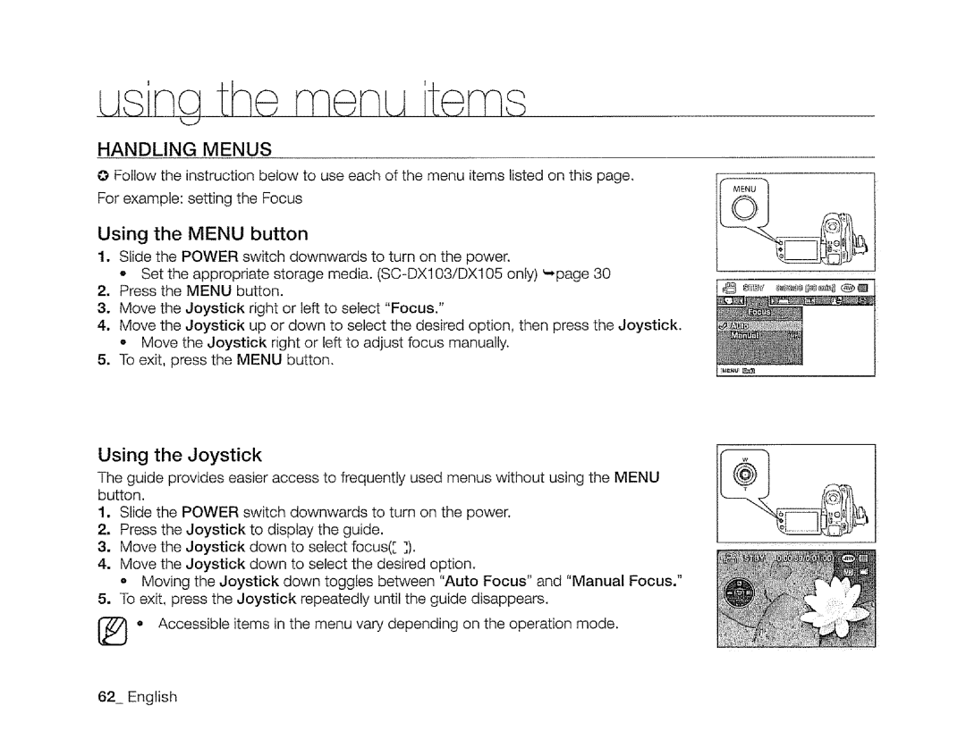 Samsung SC-DXIO3 manual Handling Menus, Using the Menu button, Using the Joystick 