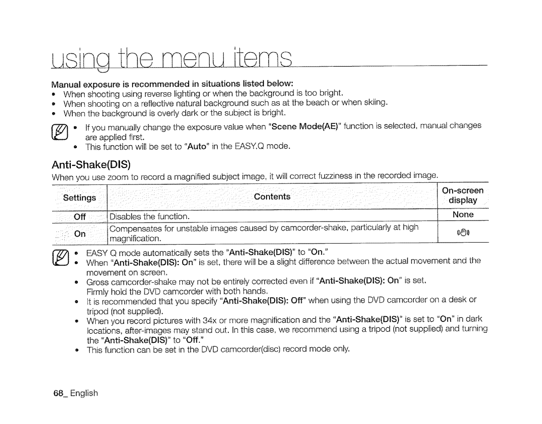 Samsung SC-DXIO3 manual Anti-ShakeDIS, Easy 