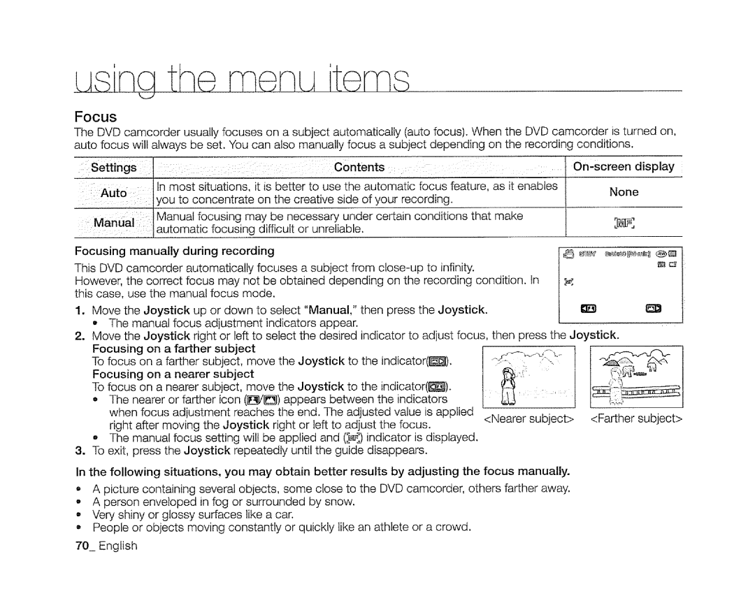 Samsung SC-DXIO3 manual Focus, Onscreen display None 