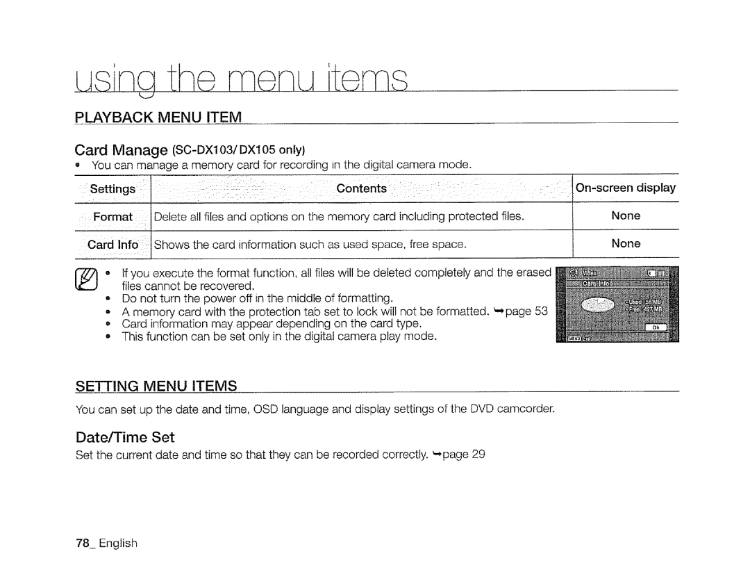 Samsung SC-DXIO3 manual Playback Menu Item, Setting Menu Items, Date/Time Set 