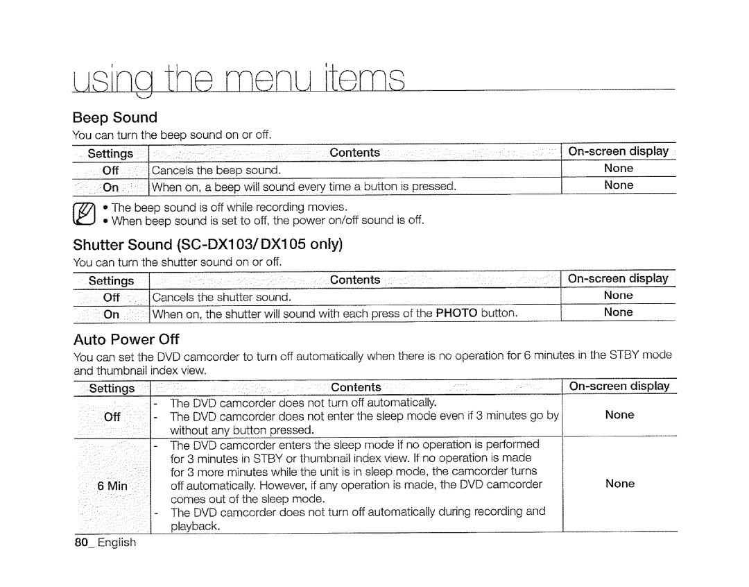 Samsung SC-DXIO3 manual Beep Sound, Shutter Sound SC-DX103/DX105 only, Auto Power Off 