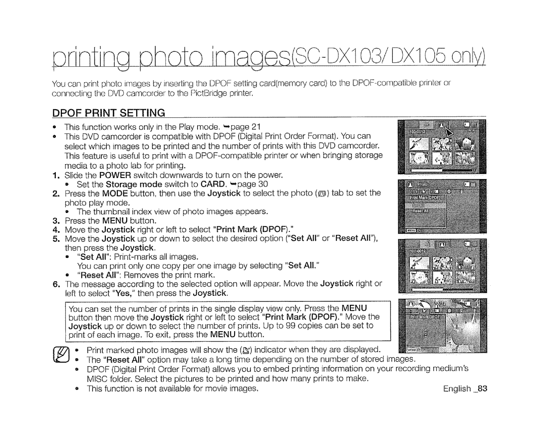 Samsung SC-DXIO3 manual Prntng photo iMage sc-Dx DX105ony, Dpof Print Setting 