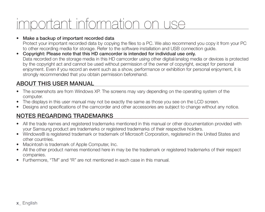 Samsung SC-HMX20C user manual Important information on use 