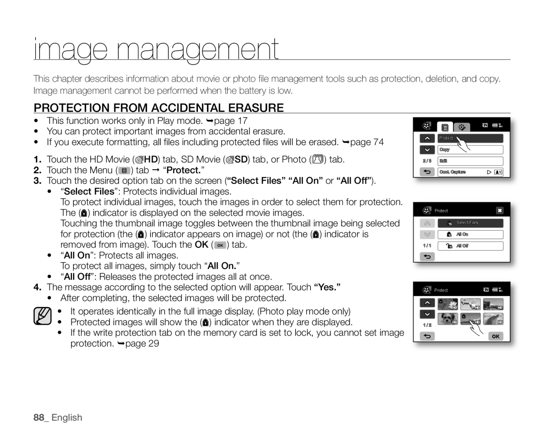 Samsung SC-HMX20C user manual Image management, Protection from Accidental Erasure 