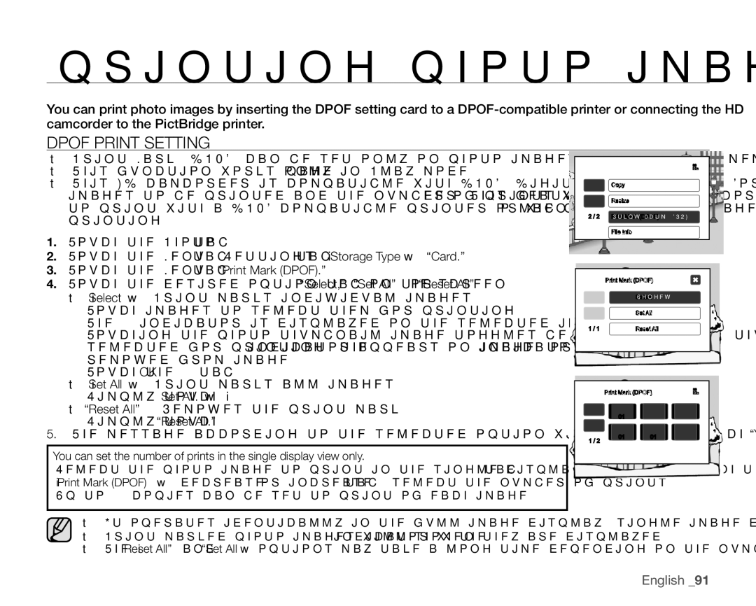 Samsung SC-HMX20C user manual Printing photo images, Dpof Print Setting 