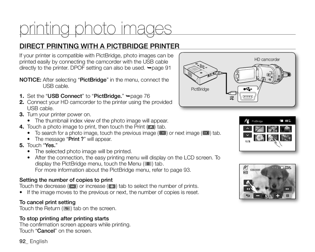 Samsung SC-HMX20C user manual Direct Printing with a Pictbridge Printer, USB cable 