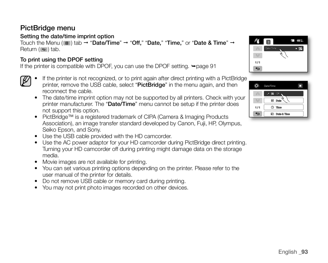 Samsung SC-HMX20C user manual PictBridge menu 