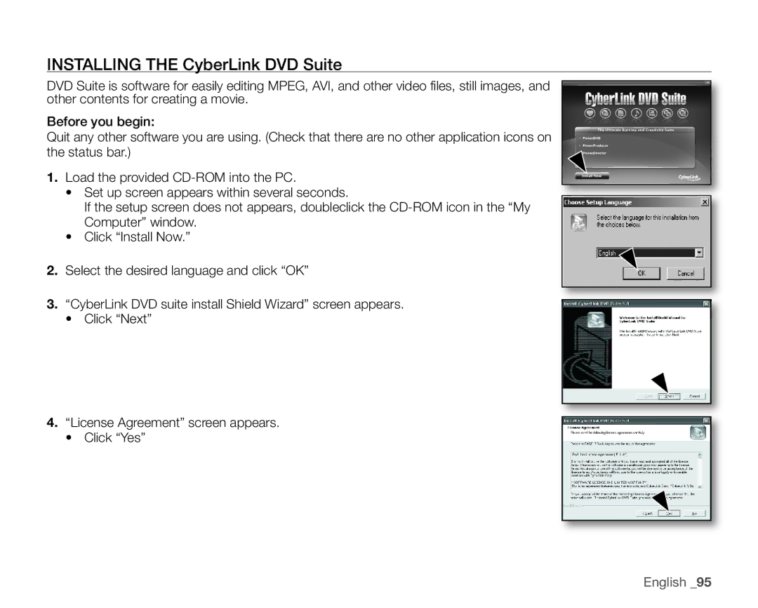 Samsung SC-HMX20C user manual Installing the CyberLink DVD Suite 