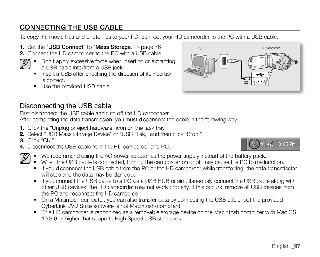 Samsung SC-HMX20C user manual Connecting the USB Cable, Disconnecting the USB cable 