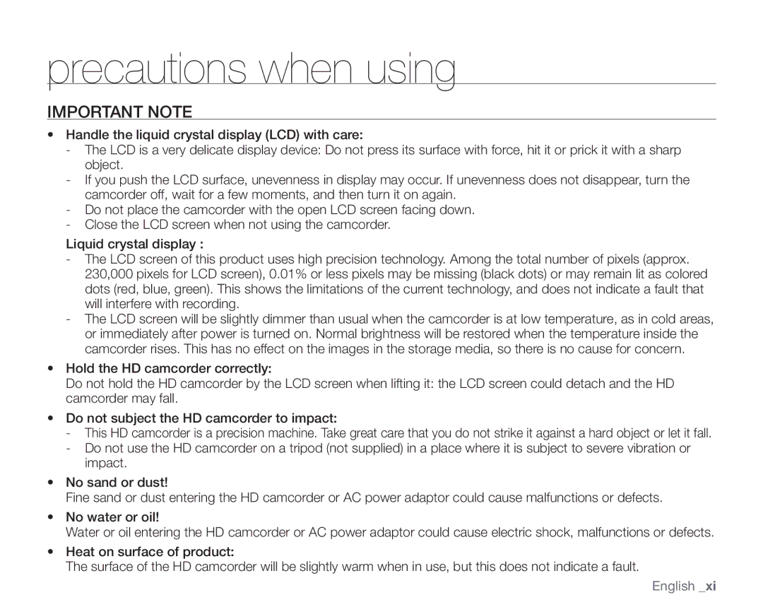 Samsung SC-HMX20C user manual Precautions when using, Important Note 