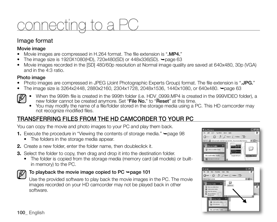 Samsung SC-HMX20C user manual Image format, Transferring Files from the HD Camcorder to Your PC 