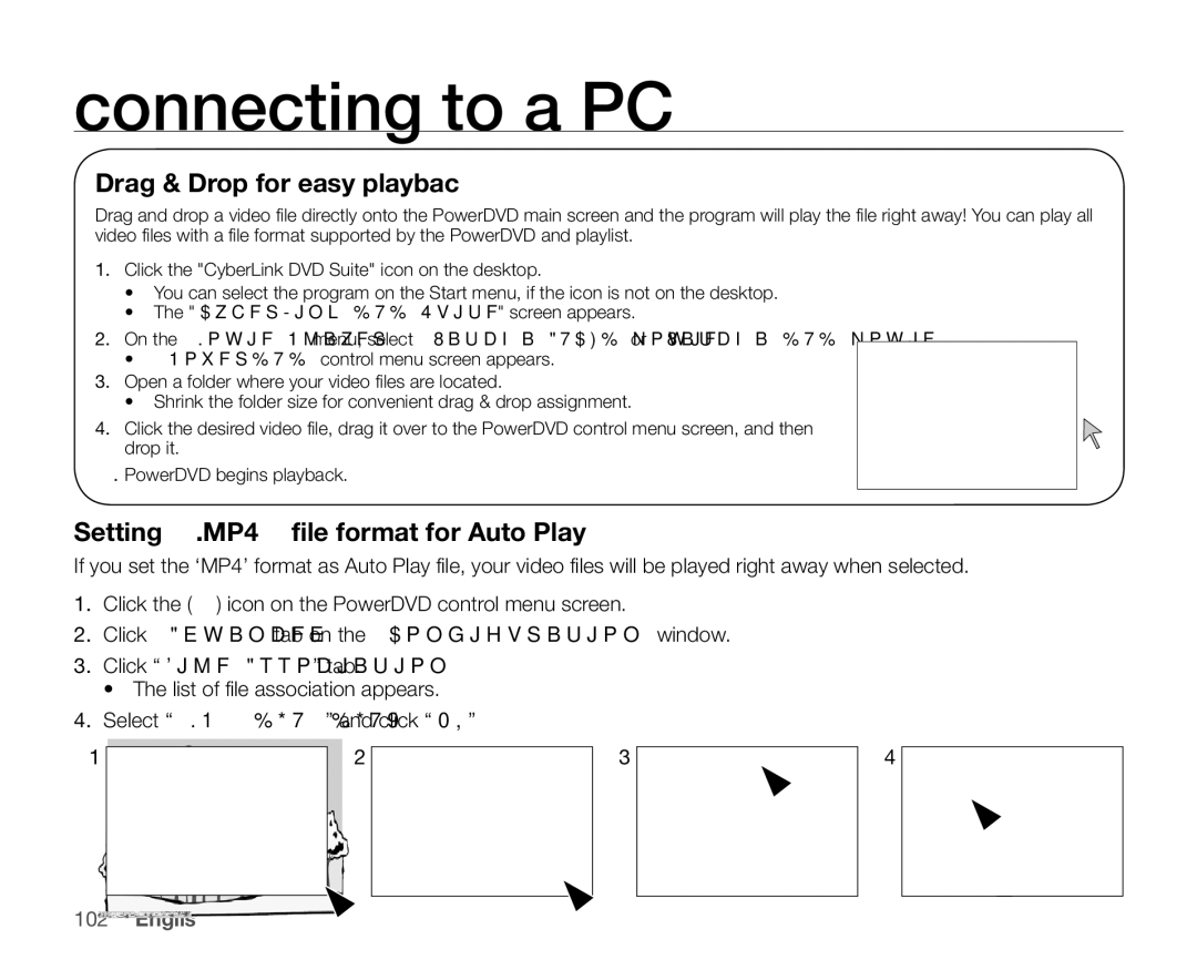 Samsung SC-HMX20C user manual Drag & Drop for easy playback, Setting ‘.MP4’ file format for Auto Play 